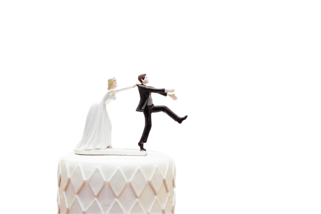 Groom on top of cake trying to run away but bride holding him - change of heart insurance